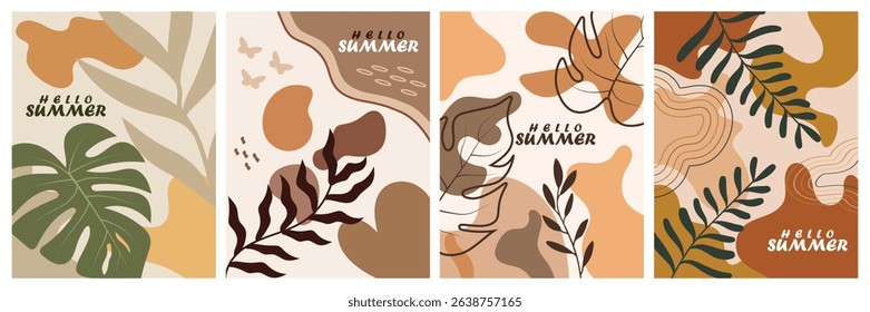 Vibrant and minimalist plant based cards with abstract leaves for creative posters, covers, ads, banners, and brand label designs