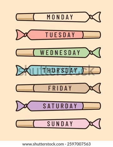 A vibrant, minimalist vector illustration featuring rolling papers with marijuana joints for each day of the week, showcasing colorful, relaxing vibes and artistic stoner culture