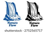 Vibrant minimalist vector illustration of a serene waterfall cascading over rocks, creating a peaceful nature flow with blue and white hues, ideal for relaxation, wellness, and environmental design projects.