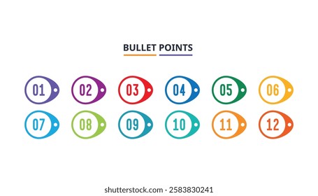  vibrant and minimalistic infographic featuring 12 colorful, numbered bullet points in a curved tag design, ideal for presentations, workflows, and timelines.