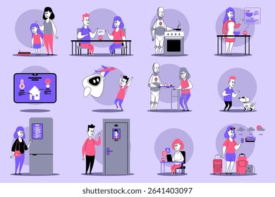 Vibrant mix of characters engaged in various daily activities such as cooking, playing, and interacting with technology