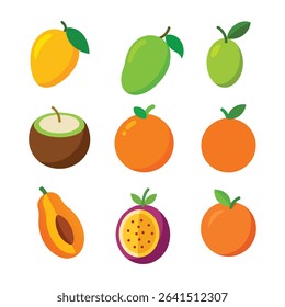 A vibrant mix of green mango mango olive coconut orange papaya passion fruit and peach captured in colorful clip art style for food and nature themed designs Vector illustration on white background.