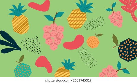 Vibrant mix of melons, pears, and abstract beans on green canvas. Fresh and energetic hand-drawn fruit elements in a playful style for colorful compositions. Lively summer background.