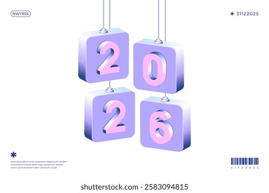 A vibrant and modern 3D design featuring the year 2026 in various gradient color