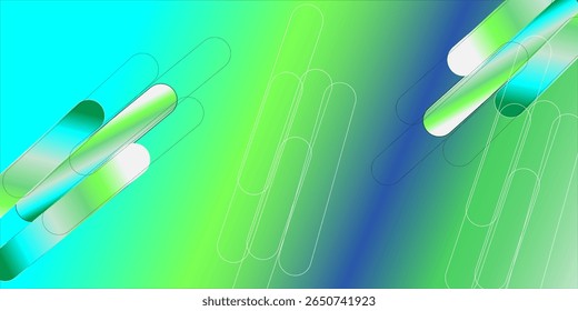 A vibrant and modern abstract background featuring a smooth gradient transition from blue to green, adorned with sleek, rounded rectangular shapes in varying sizes and opacities