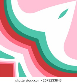 A vibrant and modern abstract background featuring layered, flowing shapes in a non traditional Christmas palette of pink, red, and teal.