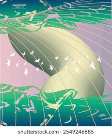 A vibrant and modern abstract design featuring fluid white wave-like lines on a colorful gradient background, accentuated with organic shapes and minimalist bird and star silhouettes.