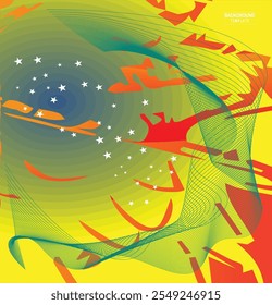 Un diseño abstracto vibrante y moderno con líneas fluidas en forma de onda blanca sobre un fondo degradado colorido, acentuado con Formas orgánicas y siluetas minimalistas de aves y estrellas.