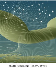 A vibrant and modern abstract design featuring fluid white wave-like lines on a colorful gradient background, accentuated with organic shapes and minimalist bird and star silhouettes.