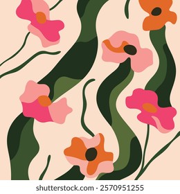 A vibrant and modern abstract illustration featuring stylized flowers and leaves in a harmonious arrangement. 