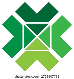A vibrant and modern abstract vector logo featuring a symmetrical geometric shape composed of four interlocking green elements. The design cleverly blends the appearance of a cross, the letter 'X', and a stylized four-leaf clover. This versatile mark symbolizes growth, luck, and sustainability, making it perfect for eco-conscious startups, healthcare providers, environmental organizations, organic lifestyle brands, or financial consulting firms
