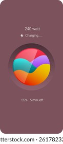 Vibrant and modern charging animation concept featuring a circular liquid wave indicator with multiple bright colors red, yellow, turquoise, purple