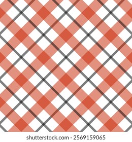 A vibrant and modern checkered textile fabric pattern featuring shades of orange, gray, and white. The design creates a dynamic visual effect with intersecting lines forming a balanced, geometric grid