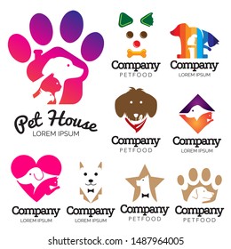 A vibrant and modern collection of vector logo templates for the pet industry. This set features creative illustrations of dogs and cats integrated into house, heart, and star shapes using negative space techniques. Perfect for pet shops, veterinary clinics, animal shelters, grooming salons, organic pet food brands, and animal rescue organizations looking for a warm and professional identity.