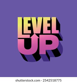 Vibrant modern color Level up logo with 3d text effect on purple background. Level up sticker, label, badge, tag. Gaming success or business finance growth logotype banner, poster. Up arrow icon