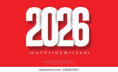 A vibrant and modern design celebrating the new year 2026. The large, bold white numerals "2026" are prominently displayed against a striking red background