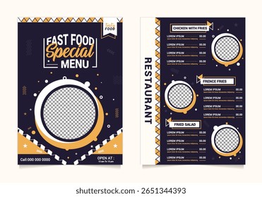 Um modelo de menu de fast-food vibrante e moderno apresenta um fundo escuro acentuado com amarelo arrojado. Espaços reservados para imagens e preços de alimentos criam um design limpo ideal para restaurantes ou marketing de impressão.