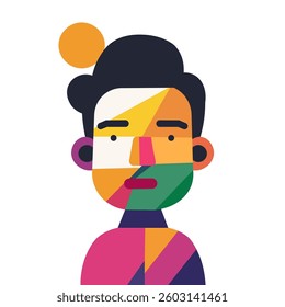 A vibrant and modern flat vector illustration of a stylized man’s face with geometric shapes and bright colors. Perfect for digital artwork, branding, posters, and graphic design projects