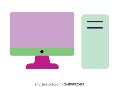 Una Ilustración vectorial plana vibrante y moderna de una computadora de escritorio. Este icono simple, con un monitor y una torre de PC en una paleta de colores, es ideal para la tecnología,
