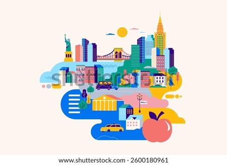 A vibrant and modern flat vector illustration of the New York City skyline featuring iconic landmarks such as the Statue of Liberty, Brooklyn Bridge, and Chrysler Building. Ideal for travel, tourism
