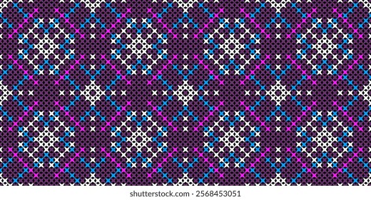 A vibrant and modern geometric pattern featuring a repeating motif of purple, pink, and white shapes on a dark background. This eye-catching design is perfect for creating a dynamic and energetic aest