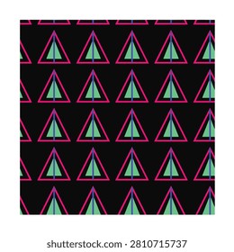 Vibrant modern geometric pattern featuring nested neon pink and green triangles with blue vertical lines on black background illustration