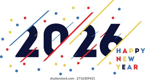 Un Diseño gráfico vibrante y moderno que presenta el año 2026 con líneas abstractas de colores y puntos de confeti, deseando un feliz año Nuevo. Ideal para saludos digitales o Materiales promocionales festivos.