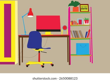 A vibrant and modern home office setup illustration featuring a desk with aa computer, a blue office chair, a red desk lamp, a book shelf with decor, and a motivational coffee sign.