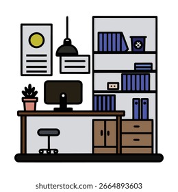 A vibrant and modern icon representing an office room, featuring various elements of a workspace, isolated on white background.