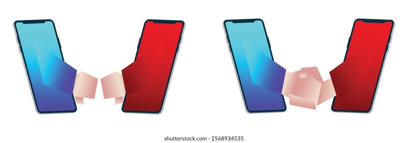 A vibrant and modern illustration featuring two smartphones in bold contrasting colors. The unique geometric shape between the phones creates a visually striking and dynamic composition.