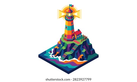 A vibrant, modern lighthouse stands on a rocky coast, emitting a bright guiding light.