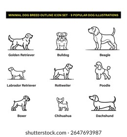 Um vibrante e moderno conjunto de ícones de arte de linha apresentando 9 raças de cães populares, incluindo Golden Retriever, Bulldog, Beagle, Labrador, Rottweiler, Poodle, Boxer, Chihuahua e Dachshund.