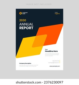 Vibrant and modern orange-yellow themed annual report cover page design template for your company booklet. Excellent choice to showcase your business's forward-thinking approach. Energy and creativity