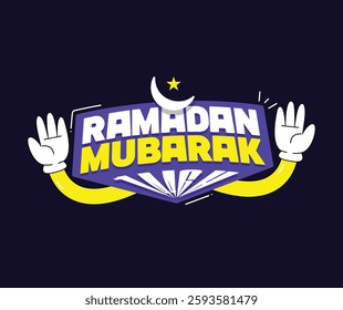  A vibrant and modern "Ramadan Mubarak" greeting design featuring bold typography, a crescent moon, and animated hands making a welcoming gesture. The text is set against a dark background.