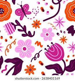 Vibrant and modern seamless floral pattern featuring handdrawn flowers, leaves, and butterflies in bold shades of pink, red, and purple on a white background. for textile design, stationery, packaging