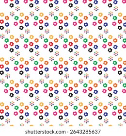 A vibrant and modern seamless floral pattern features a delightful array of colorful flowers and tiny dots set against a clean white background. This eye-catching design is ideal for textile printing.