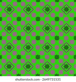 Vibrant and modern seamless pattern featuring stylized floral or snowflake-like motifs and subtle geometric diamond shapes. The design showcases bold pink and black elements on a bright lime green 
