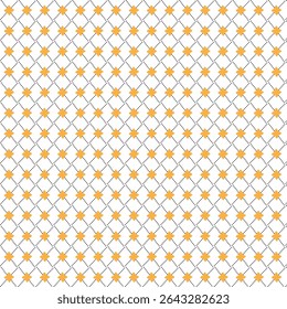 A vibrant and modern seamless vector pattern featuring an eye-catching grid of orange star shapes interspersed with tiny black dots. This geometric background design offers a dynamic texture.