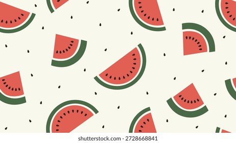 Um vibrante e moderno padrão vetorial sem costura com fatias de melancia vermelha estilizadas com cascas verdes e sementes pretas espalhadas em um fundo creme limpo. Esta ilustração de frutas com tema de verão é projetada para telhas infinitas, tornando-a perfeita para impressão de tecido, papel de embrulho de presente, papel de parede de café, convites para festas de verão e projetos de embalagens de alimentos saudáveis.