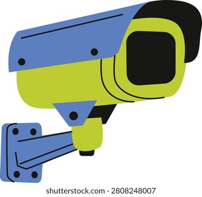 A vibrant, modern security camera in blue and lime green, designed for effective surveillance and property protection, mounted on a wall bracket.