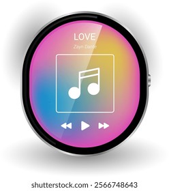 A vibrant and modern smartwatch music player interface featuring a gradient background, song details, and intuitive playback controls