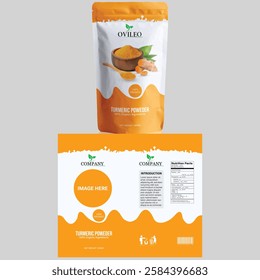Vibrant and modern turmeric powder pouch packaging with a natural and organic theme. Perfect for spice, herbal, and Ayurvedic product branding, ensuring freshness and appeal.