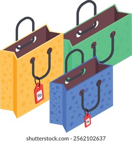 A vibrant and modern vector illustration featuring three colorful shopping bags with textured patterns and discount tags. Perfect for e-commerce, sales promotions, retail advertisements, and marketing