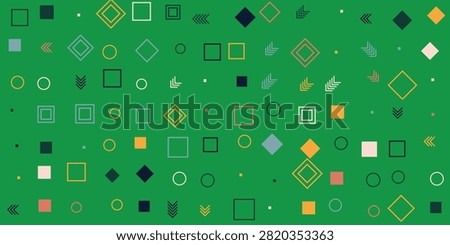 A vibrant and modern vector illustration featuring an abstract pattern of geometric squares circles and directional arrows scattered across a solid green background. This clean minimalist design is
