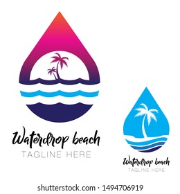 A vibrant and modern vector logo collection featuring a creative waterdrop silhouette. Inside the drop, there is a serene tropical scene with palm trees, ocean waves, and a setting sun. Using a beautiful pink-purple gradient and a clean blue version, this set is perfect for travel agencies, beach resorts, summer festivals, surfing brands, eco-tourism, and coastal property branding.