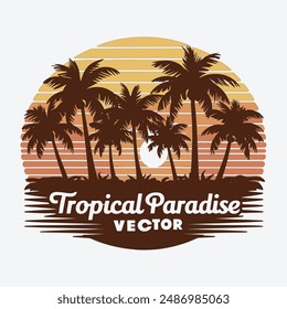 A vibrant modern-retro-inspired logo tropical paradise, sun-shine ,palm  tree, silhouette vector art illustration