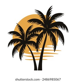 A vibrant modern-retro-inspired logo tropical paradise, sun-shine ,palm  tree, silhouette vector art illustration