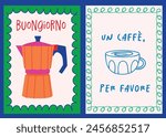 Vibrant Moka Pot Italian espresso machine hand drawn illustration Poster. Coffee cup in hand drawn doodle style with a decorative border design. Good morning text. Vector