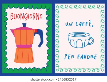 Vibrante Moka Pot máquina de café espresso italiano dibujado a mano ilustración Póster. Taza de café en estilo garabato dibujado a mano con un diseño de borde decorativo. Buenos días, texto. Vector