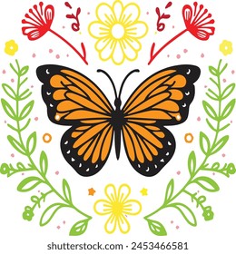 Vibrant Monarch Butterfly Illustration With Floral and Fauna Accents on Pink BackgroundA stylized graphic of a monarch butterfly with its wings spread out is centered on a pink backdrop, adorned 